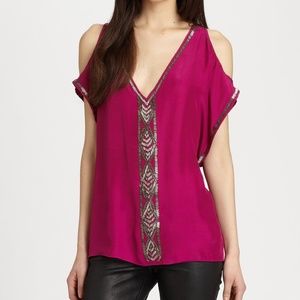 Parker Beaded Silk Coldshoulder Blouse Tunic Top